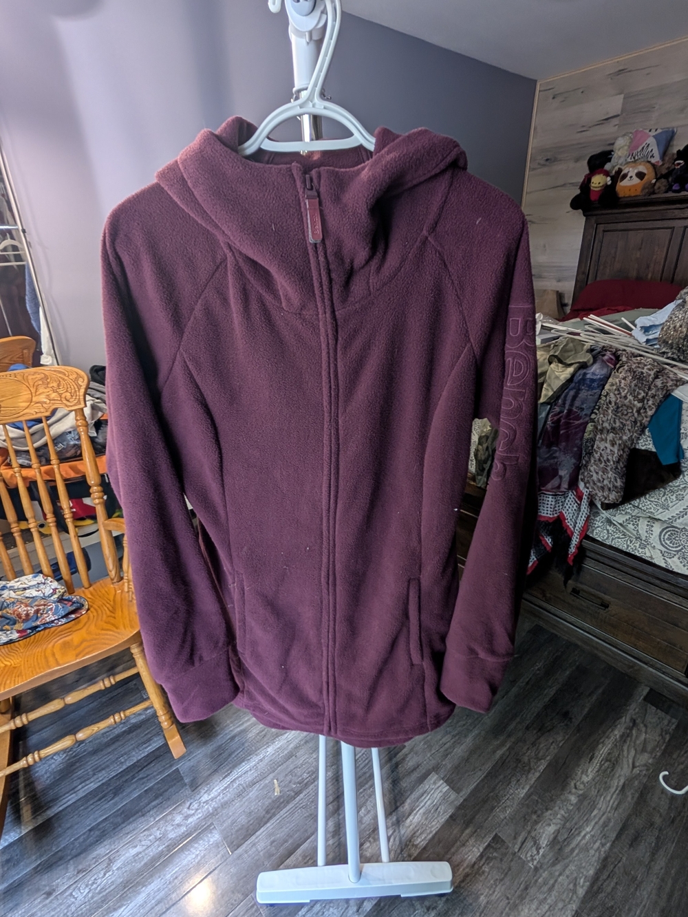 Women's Hooded Fleece Bench Long Waist Jacket - Burgundy